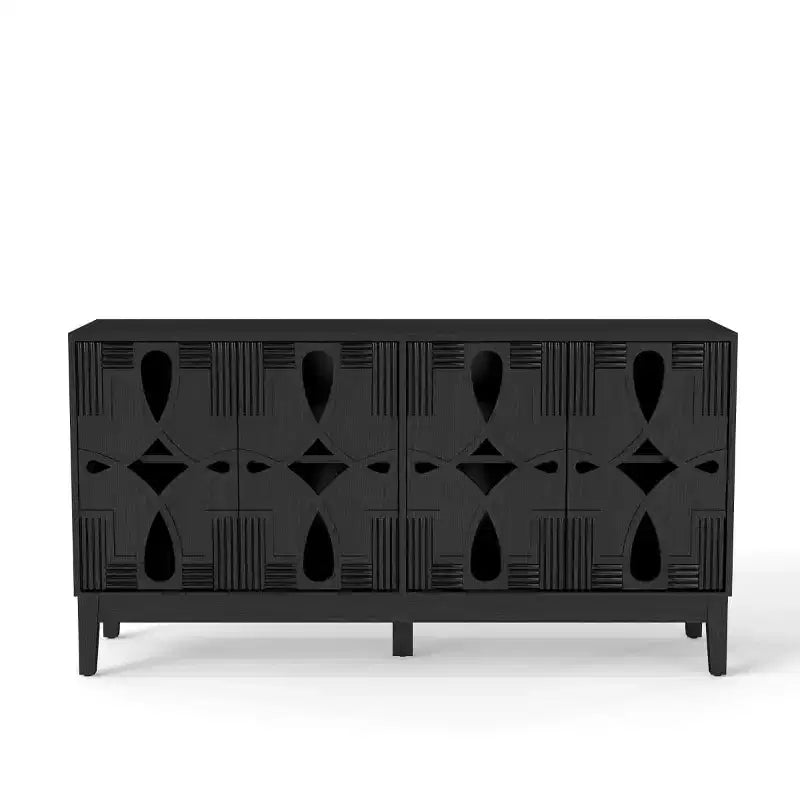 60.5 Black Geometric Sideboard Buffet Cabinet, Modern Fretwork 4-Door TV Media Console with Adjustable Shelves for Living Room