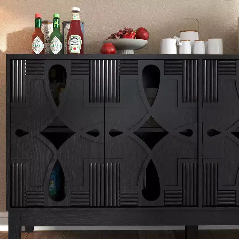 Aparador de bufé geométrico negro de 60.5 pulgadas, consola de TV/multimedia moderna con celosía de 4 puertas y estantes ajustables para sala de estar