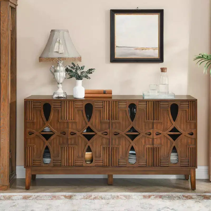 60.5 Black Geometric Sideboard Buffet Cabinet, Modern Fretwork 4-Door TV Media Console with Adjustable Shelves for Living Room