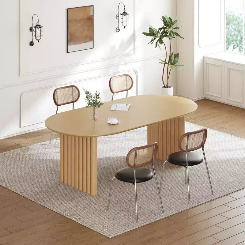 Mesa de Comedor de Madera Ovalada para Cocina con Superficie Resistente a Rayones y Patas a Rayas, Estilo Moderno Rústico para Sala de Estar Cocina