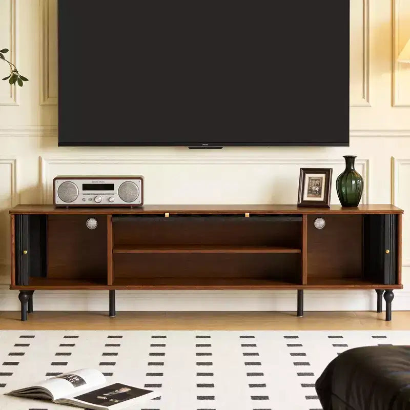 Mueble de TV Moderno de Mediados de Siglo de 78.74 Pulgadas para Pantallas de 85 Pulgadas, Consola Multimedia con Puertas Acrílicas Arqueadas, Gabinete de Almacenamiento Nogal Negro Gaoyangjiaju