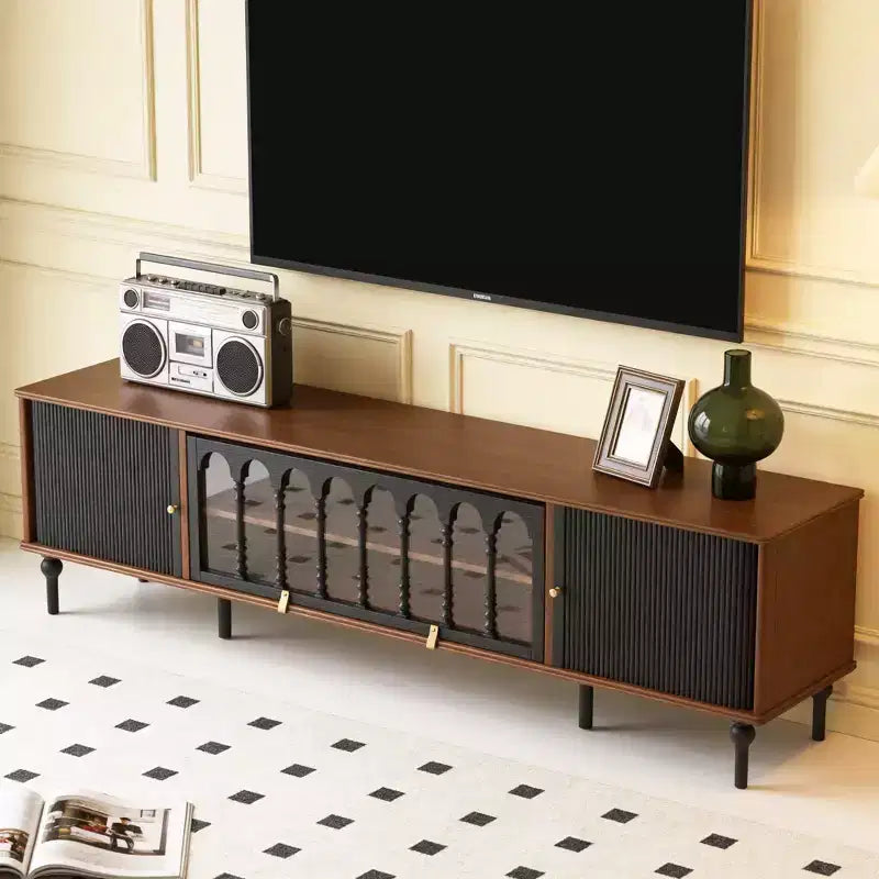 Mueble de TV Moderno de Mediados de Siglo de 78.74 Pulgadas para Pantallas de 85 Pulgadas, Consola Multimedia con Puertas Acrílicas Arqueadas, Gabinete de Almacenamiento Nogal Negro Gaoyangjiaju