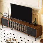 Mueble de TV Moderno de Mediados de Siglo de 78.74 Pulgadas para Pantallas de 85 Pulgadas, Consola Multimedia con Puertas Acrílicas Arqueadas, Gabinete de Almacenamiento Nogal Negro Gaoyangjiaju