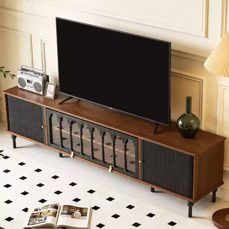 Mueble de TV Moderno de Mediados de Siglo de 78.74 Pulgadas para Pantallas de 85 Pulgadas, Consola Multimedia con Puertas Acrílicas Arqueadas, Gabinete de Almacenamiento Nogal Negro Gaoyangjiaju