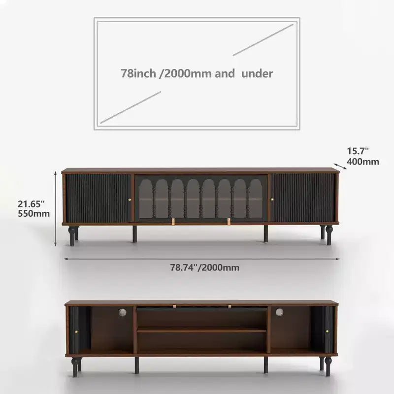 Mueble de TV Moderno de Mediados de Siglo de 78.74 Pulgadas para Pantallas de 85 Pulgadas, Consola Multimedia con Puertas Acrílicas Arqueadas, Gabinete de Almacenamiento Nogal Negro Gaoyangjiaju