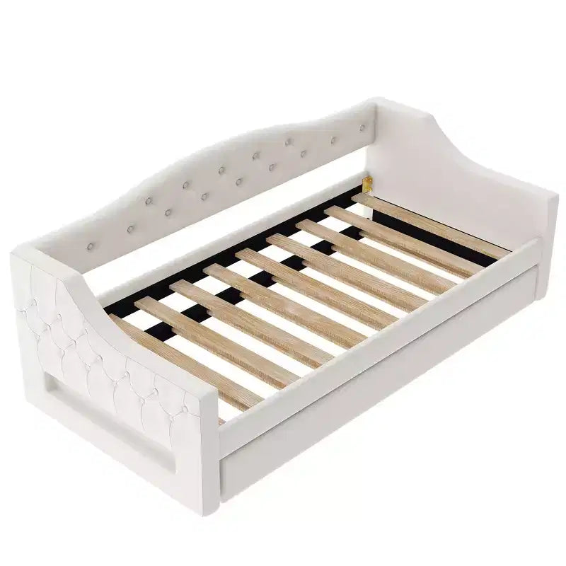 Acogedora cama otomana tapizada con luces LED ambientales y nido extraíble, estructura de cama que ahorra espacio para dormitorios y salas de estar.