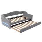 Acogedora cama otomana tapizada con luces LED ambientales y nido extraíble, estructura de cama que ahorra espacio para dormitorios y salas de estar.