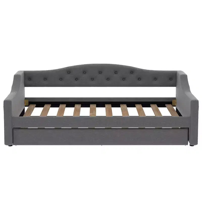 Acogedora cama otomana tapizada con luces LED ambientales y nido extraíble, estructura de cama que ahorra espacio para dormitorios y salas de estar.