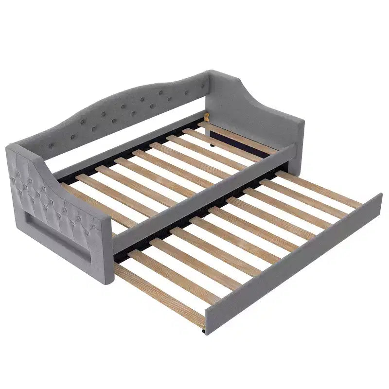 Acogedora cama otomana tapizada con luces LED ambientales y nido extraíble, estructura de cama que ahorra espacio para dormitorios y salas de estar.