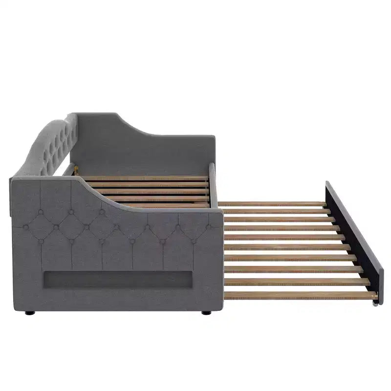 Acogedora cama otomana tapizada con luces LED ambientales y nido extraíble, estructura de cama que ahorra espacio para dormitorios y salas de estar.