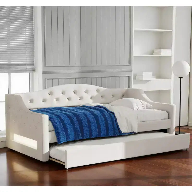 Cozy Upholstered Daybed with LED Ambient Lights & Pull-Out Trundle, Space-saving Bed Frame for Bedrooms & Living Rooms.