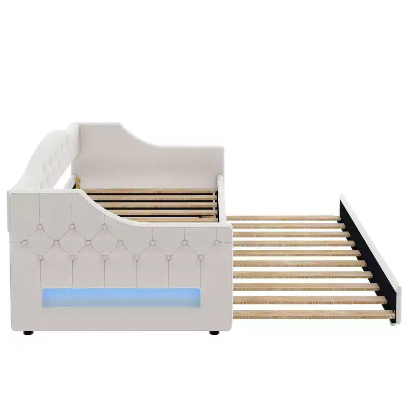 Acogedora cama otomana tapizada con luces LED ambientales y nido extraíble, estructura de cama que ahorra espacio para dormitorios y salas de estar.