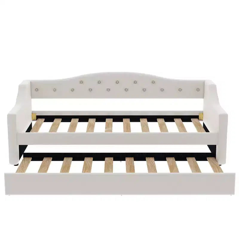 Acogedora cama otomana tapizada con luces LED ambientales y nido extraíble, estructura de cama que ahorra espacio para dormitorios y salas de estar.