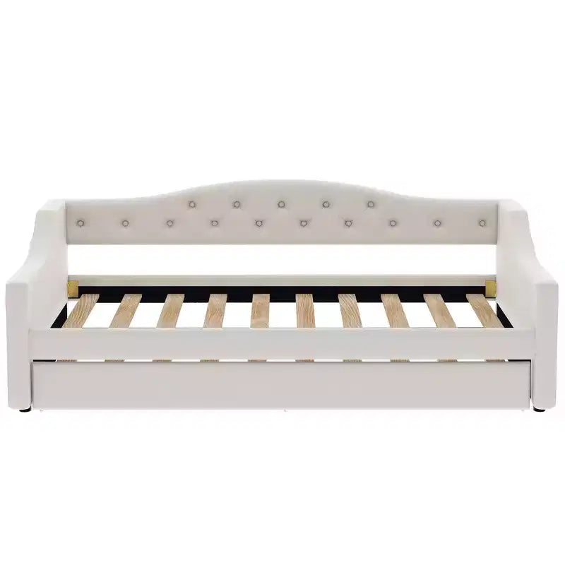 Acogedora cama otomana tapizada con luces LED ambientales y nido extraíble, estructura de cama que ahorra espacio para dormitorios y salas de estar.