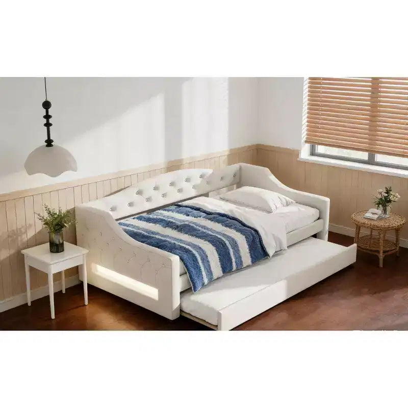 Bellemave Cozy Upholstered Daybed with LED Ambient Lights & Pull-Out Trundle, Space-saving Bed Frame for Bedrooms & Living Rooms.