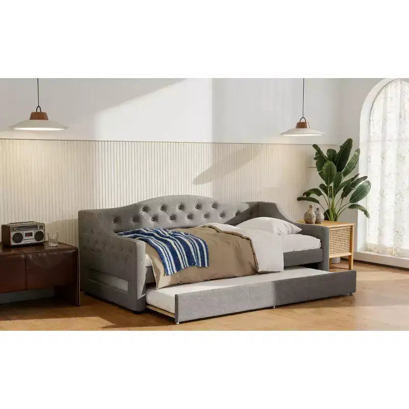 Cozy Upholstered Daybed with LED Ambient Lights & Pull-Out Trundle, Space-saving Bed Frame for Bedrooms & Living Rooms.