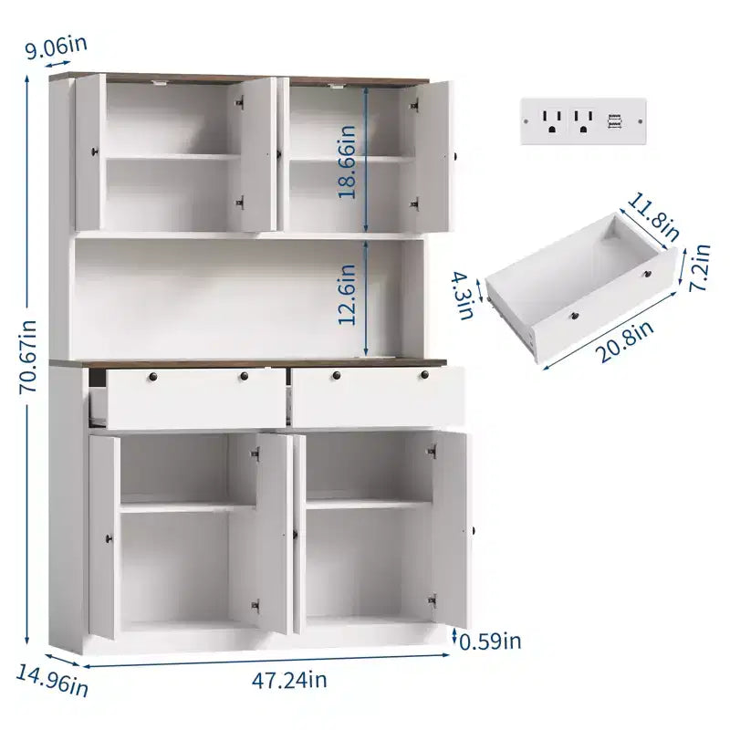 Alacena de cocina alta de 71" con estación de carga | 2 cajones, almacenamiento de despensa de cocina de 47" de ancho