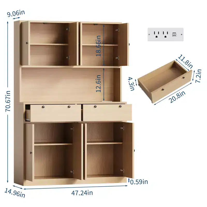 Alacena de cocina alta de 71" con estación de carga | 2 cajones, almacenamiento de despensa de cocina de 47" de ancho
