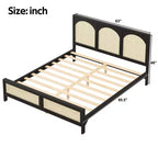 Base de cama de madera tamaño queen con cabecero y piecero de ratán, construcción robusta