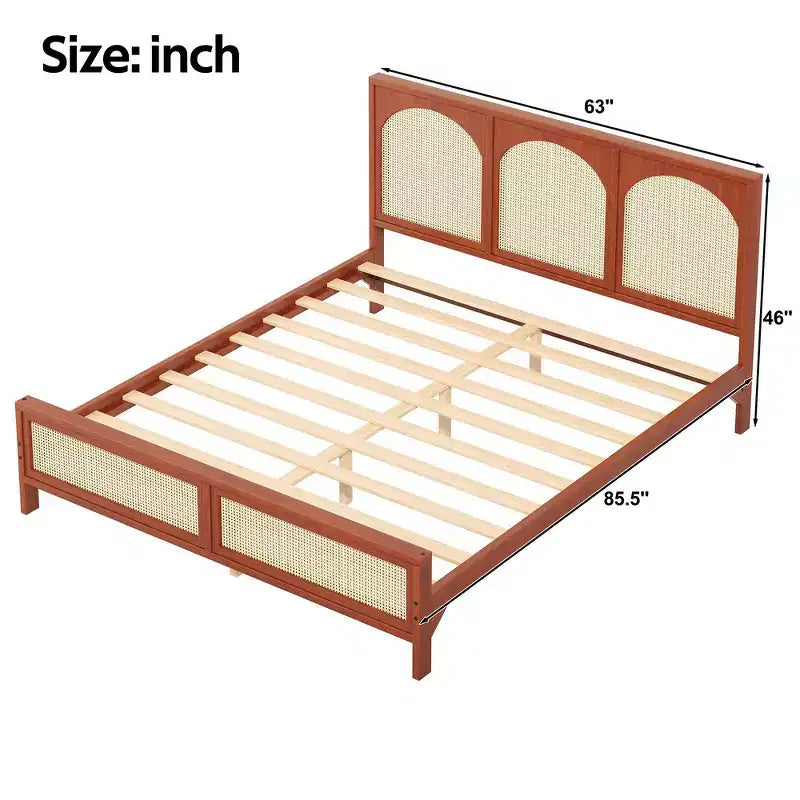 Base de cama de madera tamaño queen con cabecero y piecero de ratán, construcción robusta