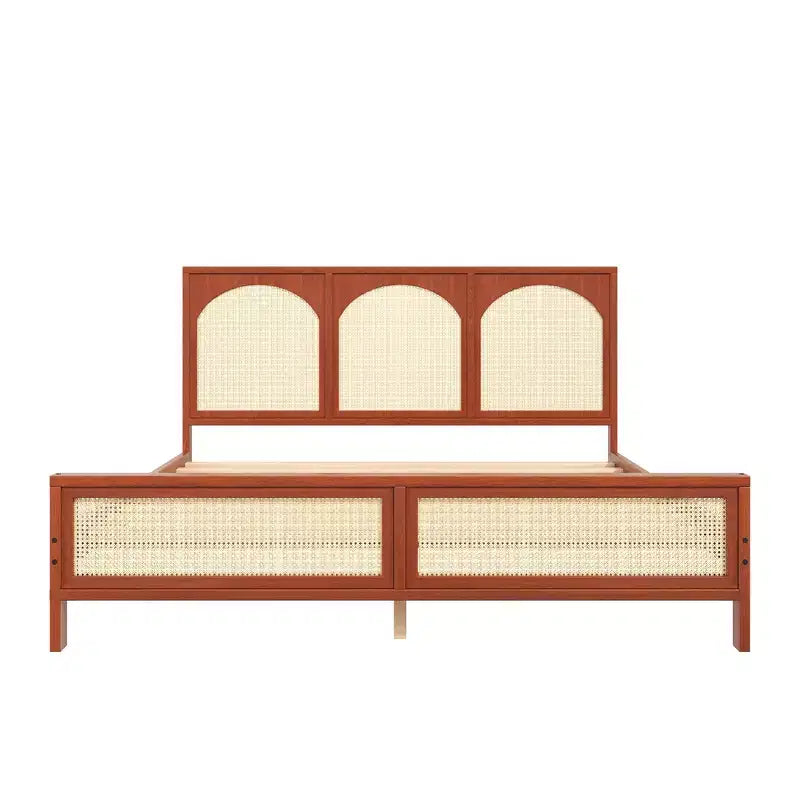 Base de cama de madera tamaño queen con cabecero y piecero de ratán, construcción robusta
