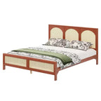 Base de cama de madera tamaño queen con cabecero y piecero de ratán, construcción robusta