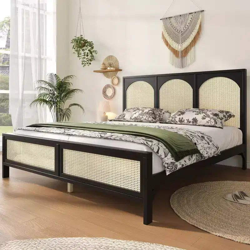 Queen Size Wood Platform Bed Frame with Rattan Headboard and Footboard, Sturdy Construction