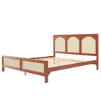 Base de cama de madera tamaño queen con cabecero y piecero de ratán, construcción robusta