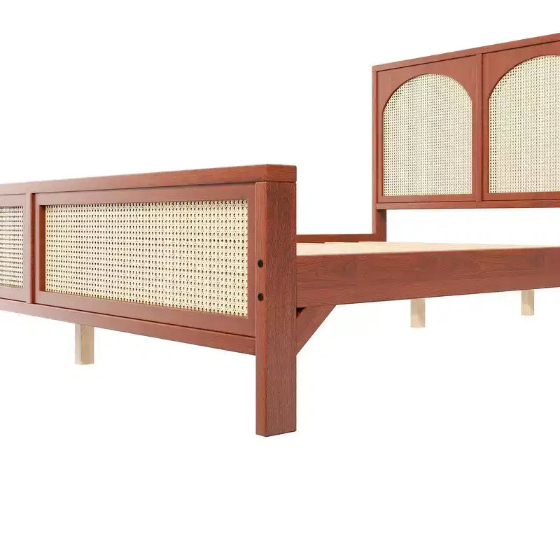 Base de cama de madera tamaño queen con cabecero y piecero de ratán, construcción robusta
