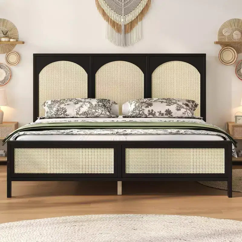 Queen Size Wood Platform Bed Frame with Rattan Headboard and Footboard, Sturdy Construction