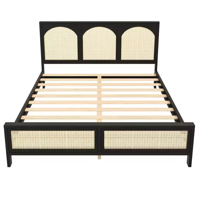 Queen Size Wood Platform Bed Frame with Rattan Headboard and Footboard, Sturdy Construction