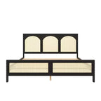 Base de cama de madera tamaño queen con cabecero y piecero de ratán, construcción robusta
