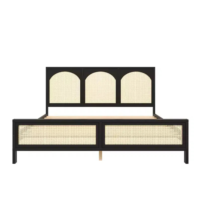 Queen Size Wood Platform Bed Frame with Rattan Headboard and Footboard, Sturdy Construction