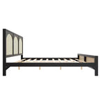 Base de cama de madera tamaño queen con cabecero y piecero de ratán, construcción robusta