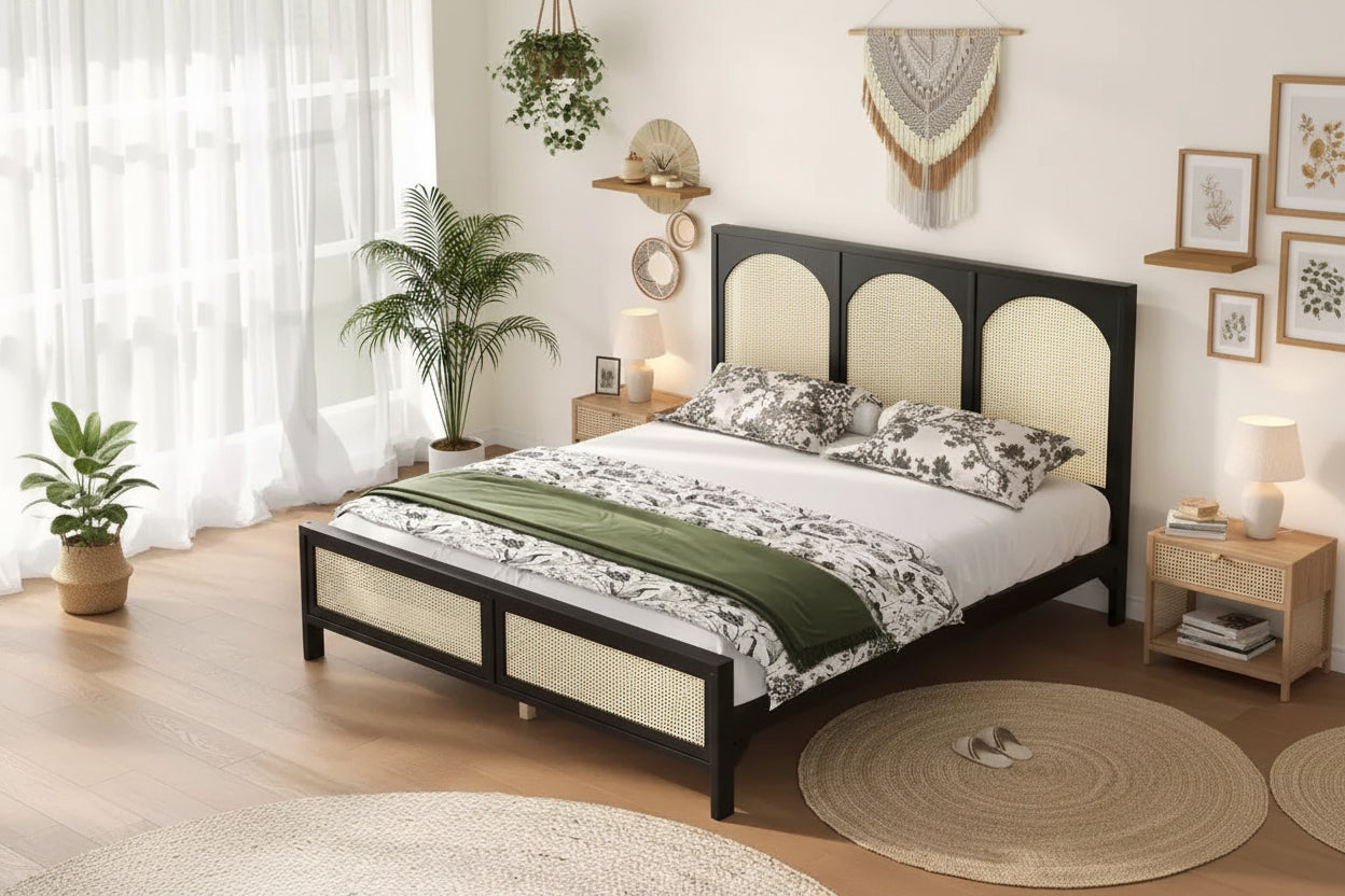Whisen Queen Size Wood Platform Bed Frame with Rattan Headboard and Footboard, Sturdy Construction