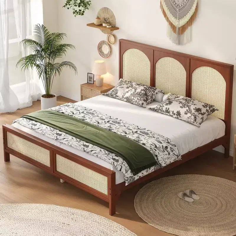 Queen Size Wood Platform Bed Frame with Rattan Headboard and Footboard, Sturdy Construction