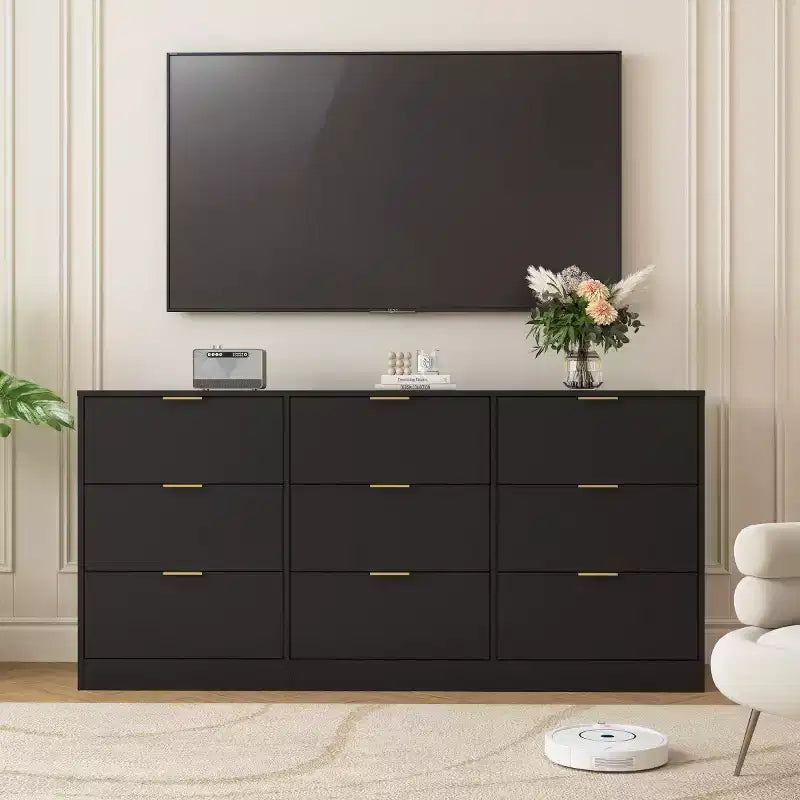 Cómoda moderna grande de 9 cajones con cajones hondos, asas doradas lujosas, cómoda larga para dormitorio, sala de estar o entrada-Panipeachy