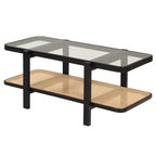 Mesa de centro rústica de 2 niveles con almacenamiento, tablero de cristal templado, estante de ratán PE, marrón y natural/marrón/negro