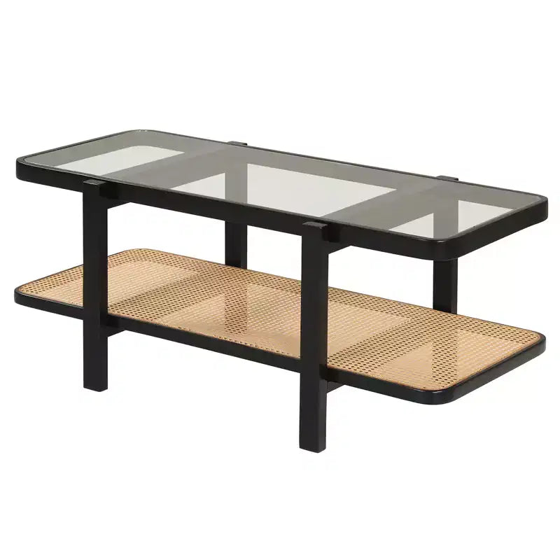 Mesa de centro rústica de 2 niveles con almacenamiento, tablero de cristal templado, estante de ratán PE, marrón y natural/marrón/negro