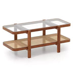 Mesa de centro rústica de 2 niveles con almacenamiento, tablero de cristal templado, estante de ratán PE, marrón y natural/marrón/negro