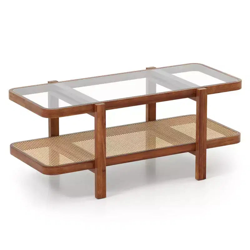 Mesa de centro rústica de 2 niveles con almacenamiento, tablero de cristal templado, estante de ratán PE, marrón y natural/marrón/negro