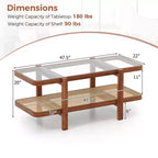 Mesa de centro rústica de 2 niveles con almacenamiento, tablero de cristal templado, estante de ratán PE, marrón y natural/marrón/negro