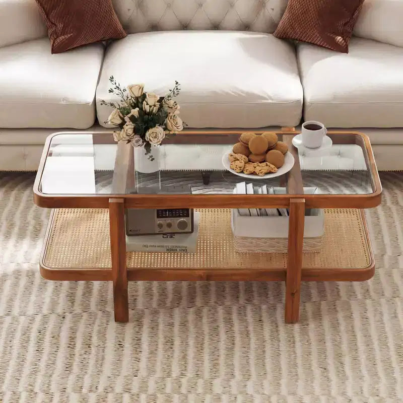 Mesa de centro rústica de 2 niveles con almacenamiento, tablero de cristal templado, estante de ratán PE, marrón y natural/marrón/negro