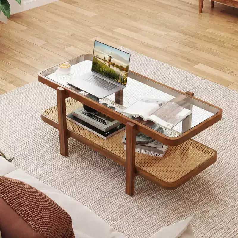 Mesa de centro rústica de 2 niveles con almacenamiento, tablero de cristal templado, estante de ratán PE, marrón y natural/marrón/negro