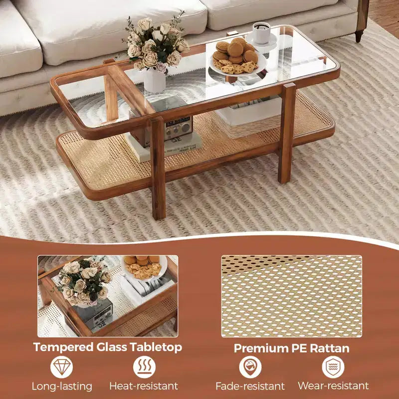 Mesa de centro rústica de 2 niveles con almacenamiento, tablero de cristal templado, estante de ratán PE, marrón y natural/marrón/negro