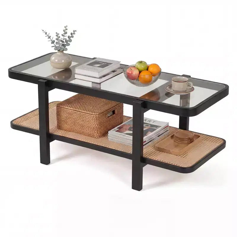 2-Tier Rustic Coffee Table with Storage Tempered Glass Tabletop PE Rattan Shelf Brown & Natural/Brown/Black