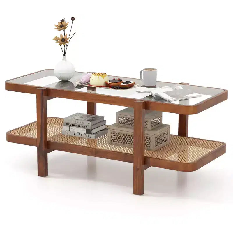 Mesa de centro rústica de 2 niveles con almacenamiento, tablero de cristal templado, estante de ratán PE, marrón y natural/marrón/negro