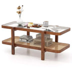 Mesa de centro rústica de 2 niveles con almacenamiento, tablero de cristal templado, estante de ratán PE, marrón y natural/marrón/negro