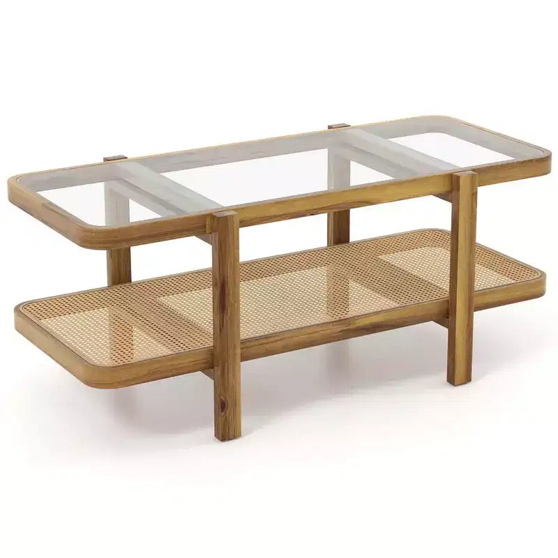 Mesa de centro rústica de 2 niveles con almacenamiento, tablero de cristal templado, estante de ratán PE, marrón y natural/marrón/negro