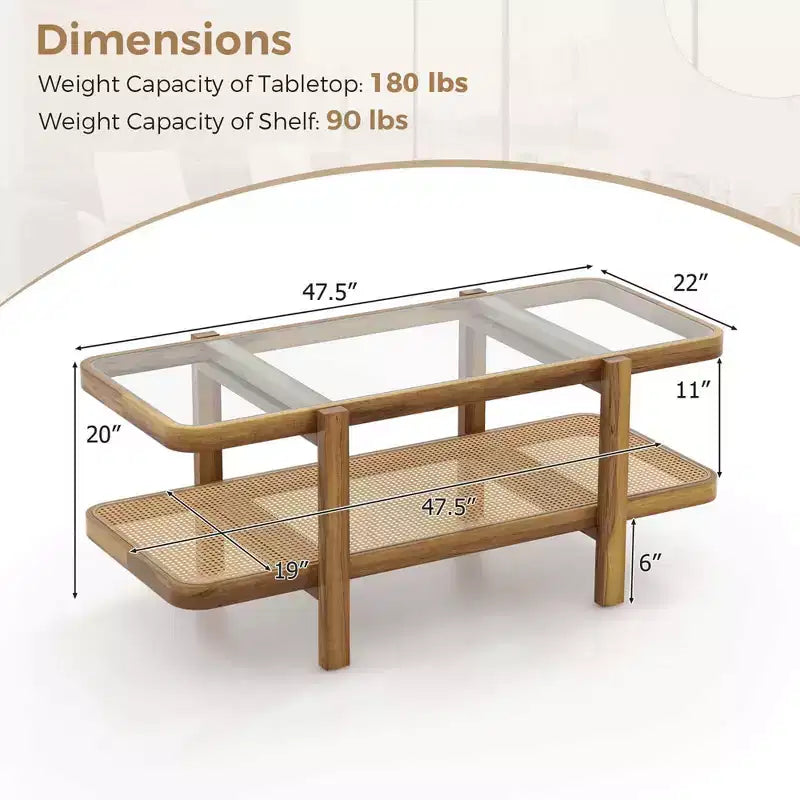 Mesa de centro rústica de 2 niveles con almacenamiento, tablero de cristal templado, estante de ratán PE, marrón y natural/marrón/negro